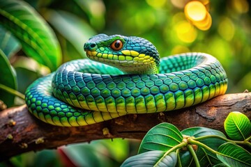 Fototapeta premium Captivating Boomslang Snake Coiled on Branch Surrounded by Lush Greenery in Natural Habitat