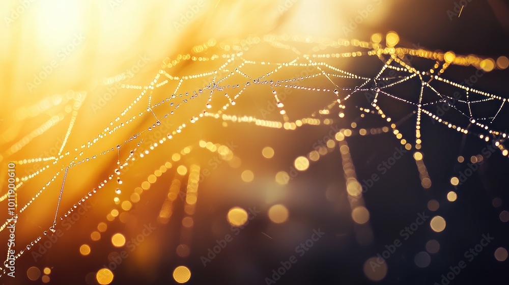 Poster intricate spider web in soft focus with bokeh lights