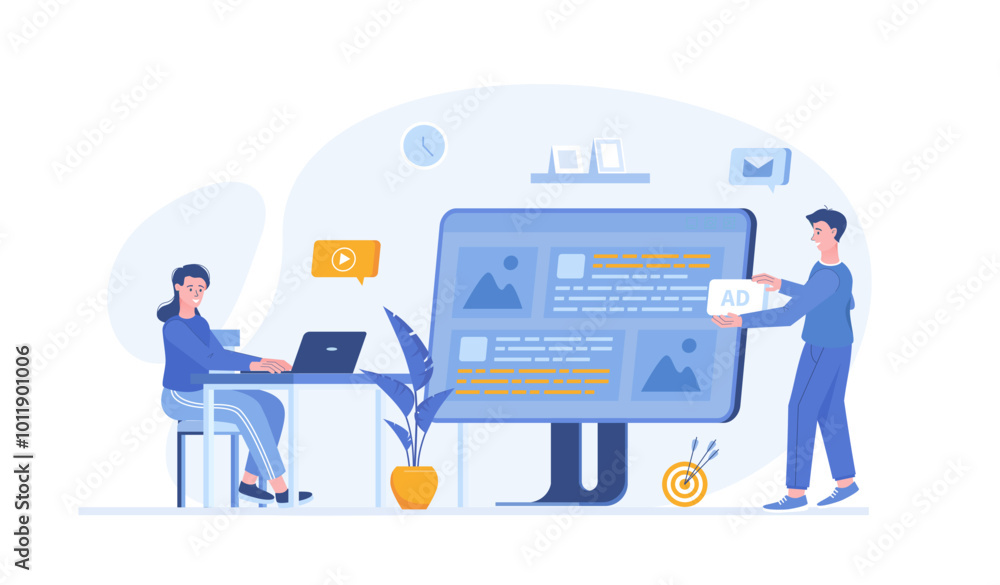 Poster native advertising. promotion strategy using content marketing, sponsored articles. vector illustrat
