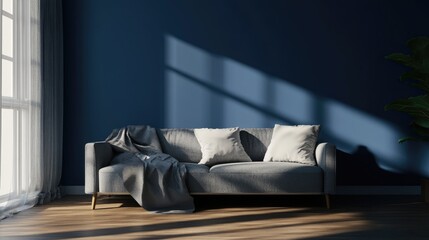 Modern Interior Design of Stylish Living Room with Gray Sofa and Dark Blue Wall