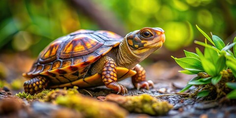 Obraz premium Adorable Baby Box Turtle Crawling on a Natural Background in Soft Focus Capturing Nature's Beauty