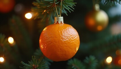 tangerine hanging as a Christmas tree decoration on a festive tree. New Year concept. ai generated