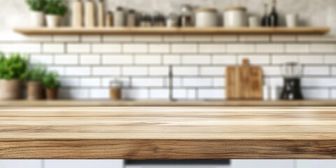 Modern Kitchen Interior with Wooden Tabletop on Blurred Background