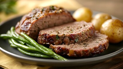 Sliced meatloaf with green beans and potatoes on black plate