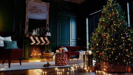 Christmas eve cozy mood in classic decorated living room with fire burning in fireplace, christmas tree, candles and gifts. Family waiting for rest. December holidays, winter, warm indoor. Snow falls.