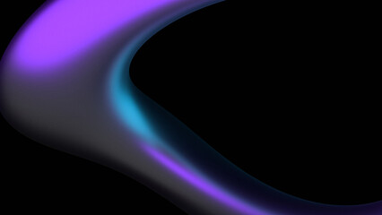 Abstract curved shape 3d render. Grainy texture metallic element with ultraviolet, light blue, purple glares. Futuristic frame on black background, copy space. Wallpaper, digital poster, banner design