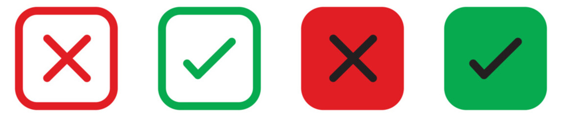 Check mark icon button set. check box icon with right and wrong buttons and yes or no checkmark icons in green tick box and red cross. vector illustration.