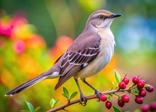 A graceful mockingbird rests on a branch, surrounded by its natural habitat, revealing its stunning plumage that captures the essence of beauty and elegance.