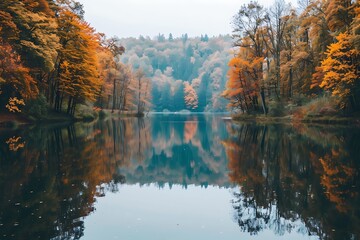 Fototapeta premium A quiet, secluded lake with a mirror-like surface, reflecting the trees in full autumn colors