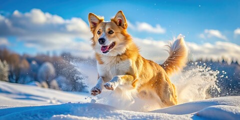 A joyous dog bounds into fresh snow, celebrating winter with boundless energy against a picturesque backdrop, under a bright, blue sky on a beautiful day.