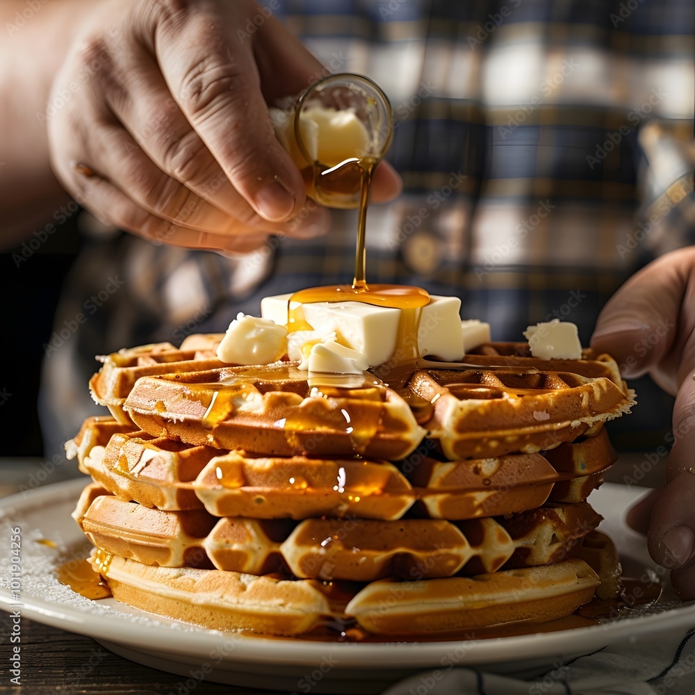 Poster overweight person enjoying a stack of fluffy waffles with sticky syrup and melted butter in a classi