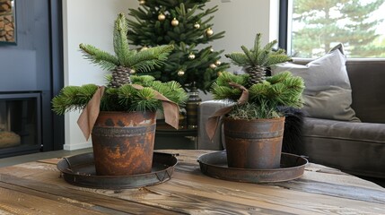 Fototapeta premium small pine trees in flower pots with brown ribbons 