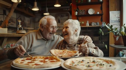 Elderly Couple Savoring Pizza and Memories in Cozy Pizzeria Setting