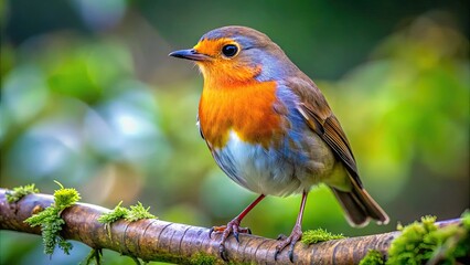 Obraz premium A lovely robin sits gracefully on a branch, surrounded by its natural habitat, displaying stunning colors and an irresistible charm that captivates all who see it.