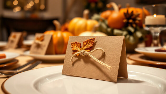 A beautifully arranged Thanksgiving table setting featuring a place card adorned with an autumn leaf, surrounded by pumpkins and candles, creating a warm and inviting atmosphere.

