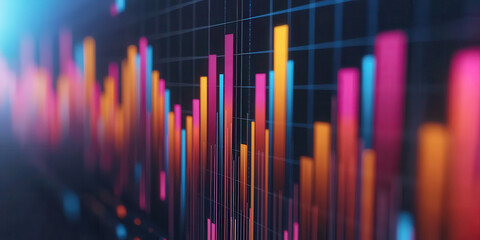 Visualize vibrant bar graphs rising from digital background, symbolizing growth and data analysis. colorful bars represent various metrics, showcasing trends and insights