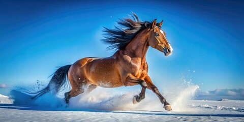 A majestic horse frolics in fresh snow, its spirit soaring under a clear blue sky, celebrating winter's beauty in a dreamy, serene wonderland.
