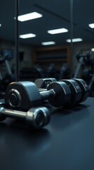 Dumbbells on desk and free space for your decoration gym room Ultra realistic Photorealistic Cinematic photography