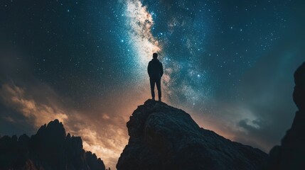 Fototapeta premium Silhouette of Traveler at Canyon with Milky Way on Starry Night Sky