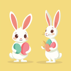 Vector illustration of easter bunny holding colorful eggs on a pastel yellow background