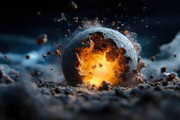 A dramatic and fiery illustration capturing the moment of a dark sphere exploding with bright, fiery energy, conveying power and dynamic movement artistically.