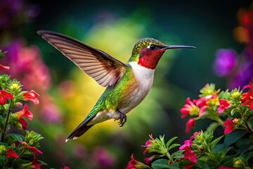 Fototapeta premium A ruby-throated hummingbird flits gracefully among bright flowers and lush greenery, showcasing its iridescent plumage while feeding in a vibrant, thriving paradise.