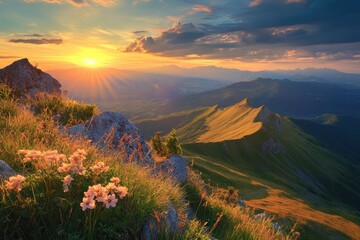 Incredible Sunset over Majestic Mountain Valley with Calm Lake and Colourful Sky