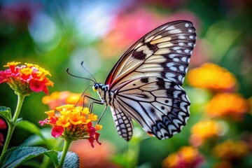 Obraz premium A striking black and grey butterfly delicately rests on a vivid flower, contrasting beautifully against a gentle, softly blurred backdrop that enhances its elegance.