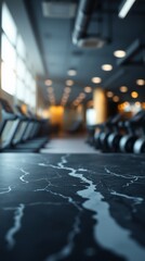 modern gym, blurred background, fitness center, treadmills, gym equipment, soft lighting, depth of field, sleek design, high contrast, cinematic atmosphere
