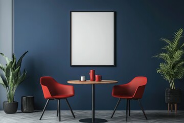 Modern Dining Room Interior with Dark Blue Wall and Elegant Frame Display