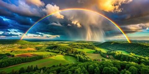 Obraz premium A stunning double rainbow arches over a breathtaking landscape, illuminated by the sunlight after a refreshing rain shower, embraced by vibrant greenery below.