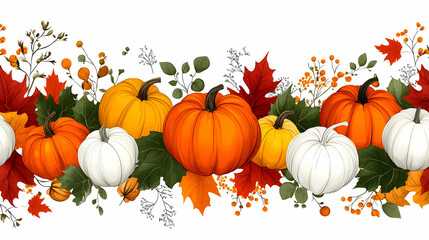 Colorful Pumpkins and Autumn Leaves Seamless Pattern, Perfect for Fall Decorations and Crafting Projects