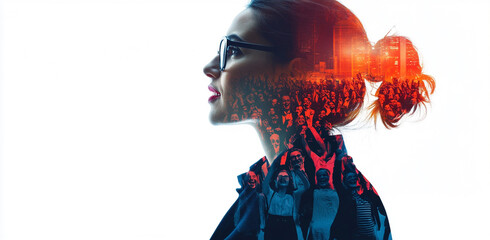Double exposure image featuring a woman's profile blended with a cheering crowd at sunset, symbolizing dreams, unity, and inner passion.

