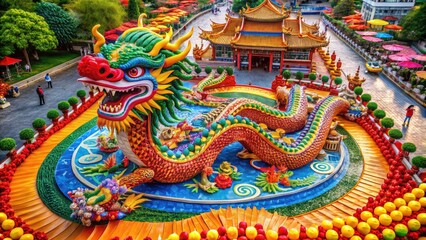 Naklejka premium Celebrating the Year of the Dragon 2024 with Vibrant Colors and Traditional Asian Symbolism Artwork