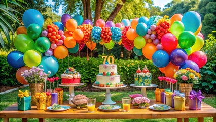 Celebratory 70th Birthday Decorations, Balloons, Cake, and Colorful Party Elements for Milestone Events