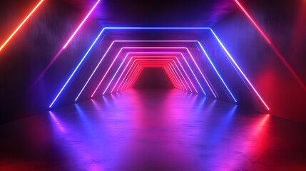 Fototapeta premium 3D Render of a Neon Lit Tunnel with Glowing Pink, Blue and Red Lines