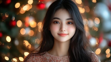 Fototapeta premium Portrait of a young woman with long dark hair and a festive Christmas tree background