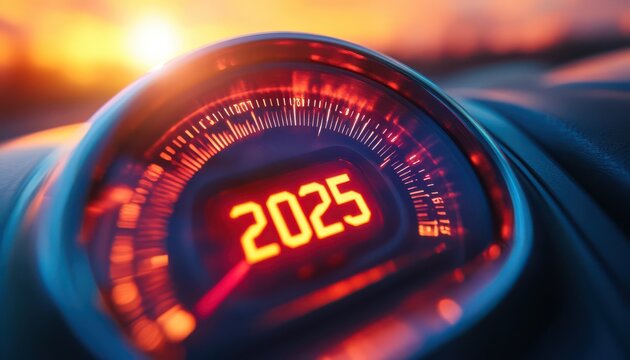 Dynamic close-up of a futuristic speedometer display with vibrant orange lights symbolizing speed and progress towards 2025