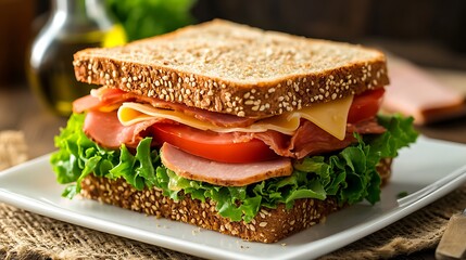 Fresh sandwich with ham, cheese, lettuce, and tomato on whole grain bread