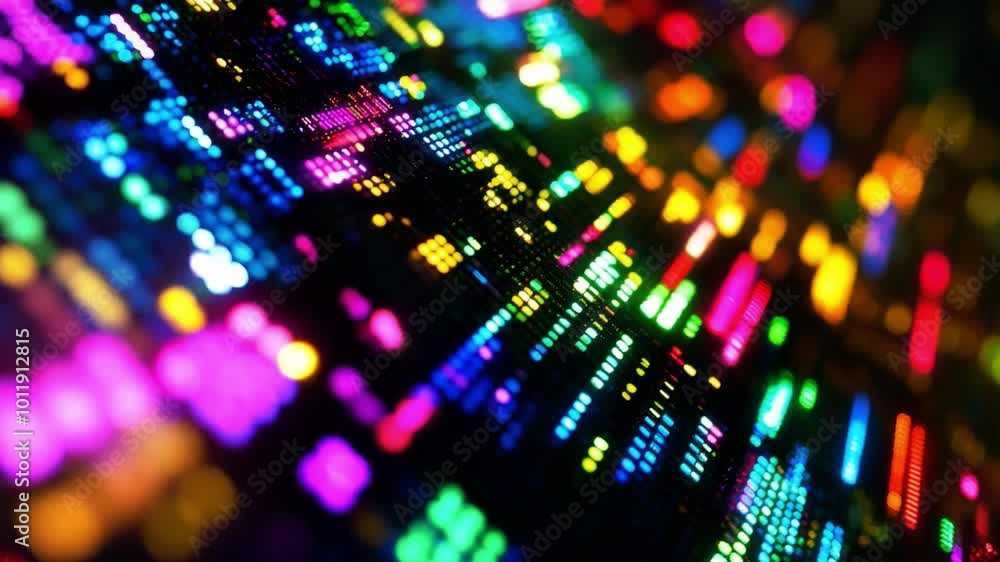 Poster bright colorful patterns emerge in a dark background, evoking the feel of digital data representatio