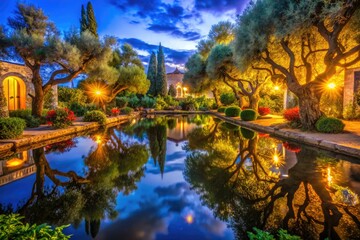 Obraz premium A tranquil night envelops Gethsemane, inviting reflection and spiritual awakening amidst the olive trees, where peace and contemplation intertwine under the stars.