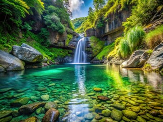 Fototapeta premium A tranquil punchbowl waterfall spills into a crystal-clear pool, embraced by vibrant greenery and naturally arranged rocks in a serene, picturesque setting.