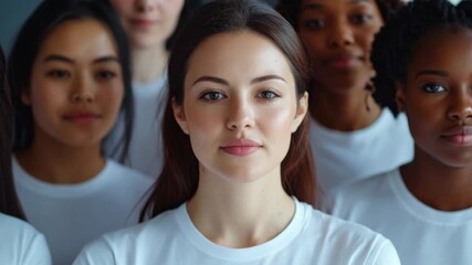 A group of diverse women with varying backgrounds stands confidently together, highlighting solidarity and empowerment