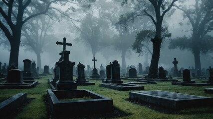 Fototapeta premium ghostly cemetery ethereal figures floating scary Halloween themed background