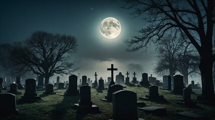 graveyard tombstones with fog creeping scary Halloween themed background