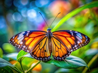 Fototapeta premium A vibrant butterfly lightly settles on a peaceful face, embodying nature's beauty and serenity, capturing a moment of calm and harmony amid the world's chaos.