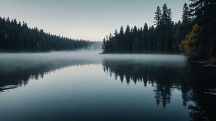 Obraz premium eerie lake a still water body with fog rising scary Halloween themed background