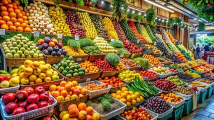 Obraz premium A vibrant fruit stand showcases an assortment of fresh produce, bursting with color, amidst a lively market atmosphere filled with shoppers and bright displays.