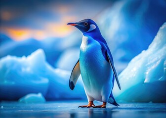 Charming Blue Penguin Standing on Ice with a Bright Blue Background in a Natural Habitat Setting