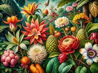 Obraz premium A vintage botanical illustration showcasing exotic plants and flowers, meticulously detailed in an antique style, capturing the beauty of nature through intricate design elements.